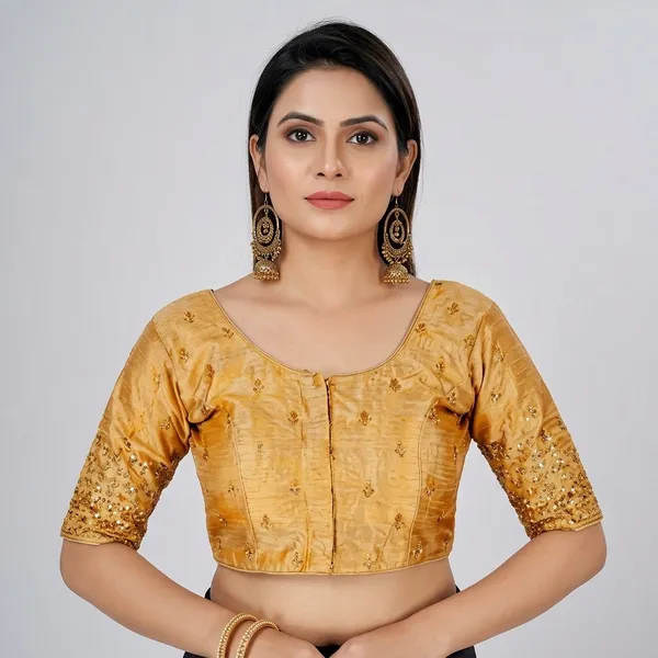 Gold_Silk_Padded_Round_Neck_Embroidered_Blouse_For_Women