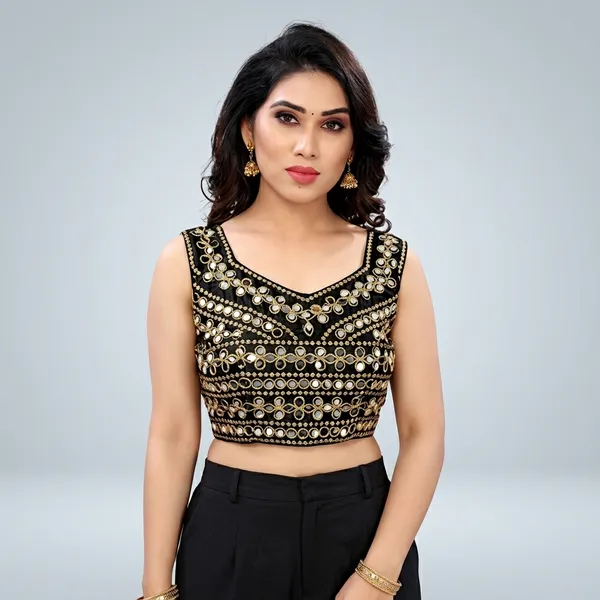 Black_Silk_Padded_V_Neck_Blouse_For_Women
