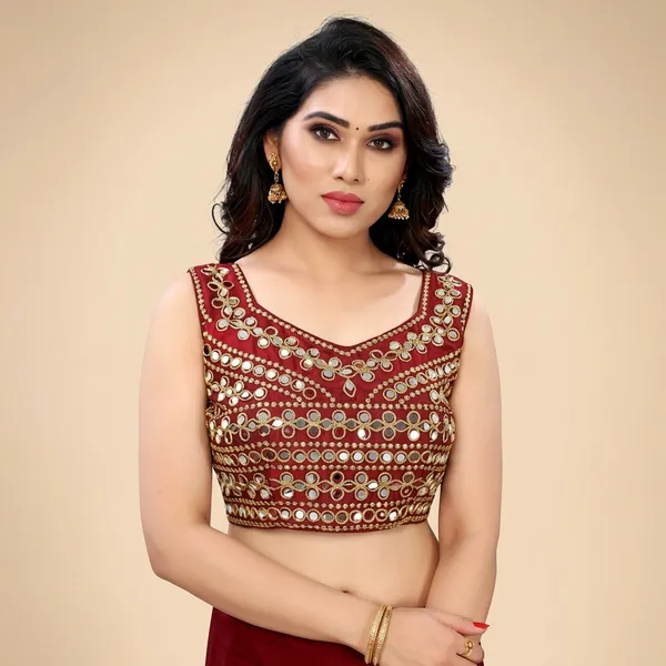 Maroon_Silk_Padded_V_Neck_Blouse_For_Women