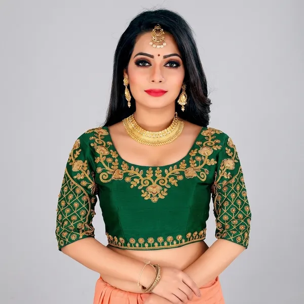 Green_Silk_Padded_Embroidered_Round_Neck_Blouse_For_Women