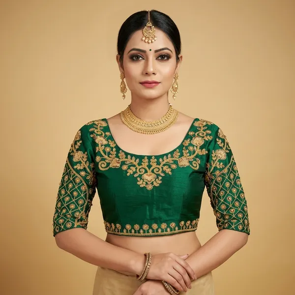 Green_Silk_Padded_Embroidered_Round_Neck_Blouse_For_Women