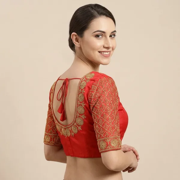 Red_Silk_Floral_Embroidered_Three-Quarter_Sleeve_Blouse_For_Women