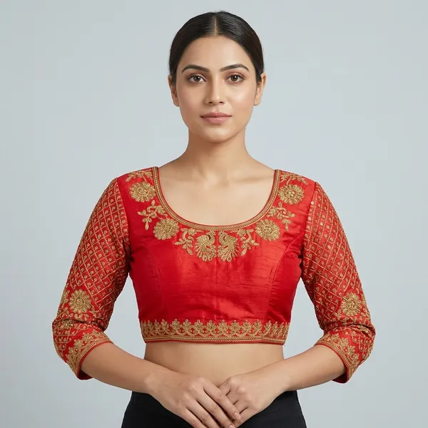Red_Silk_Floral_Embroidered_Three-Quarter_Sleeve_Blouse_For_Women