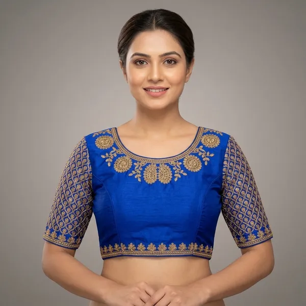 Blue_Silk_Padded_Round_Neck_Blouse_For_Women