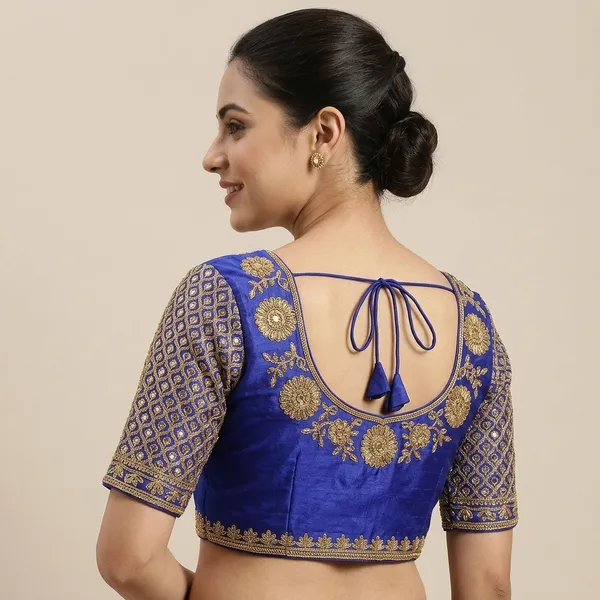 Blue_Silk_Padded_Round_Neck_Blouse_For_Women