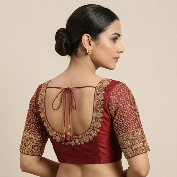 Maroon_Silk_Padded_Deep_Scoop_Neck_Blouse_For_Women