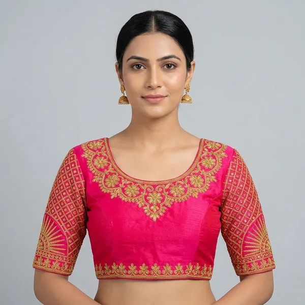 Pink_Silk_Padded_Embroidered_Round_Neck_Blouse_For_Women