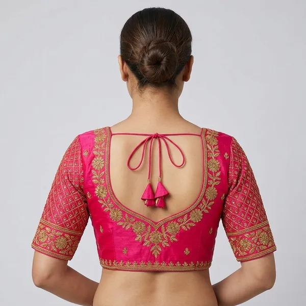 Pink_Silk_Padded_Embroidered_Round_Neck_Blouse_For_Women