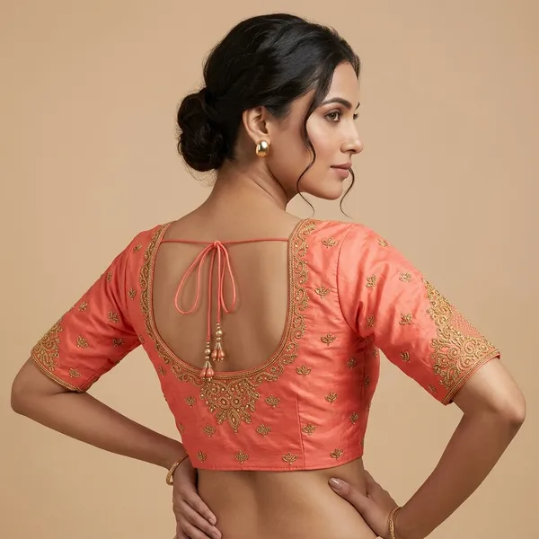 Peach_Silk_Padded_Hook_Closure_Round_Neck_Blouse_For_Women