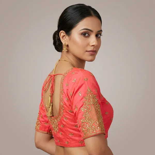 Peach_Silk_Padded_Hook_Closure_Round_Neck_Blouse_For_Women