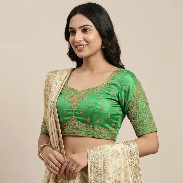 Green_Silk_Padded_Round_Neck_Blouse_For_Women