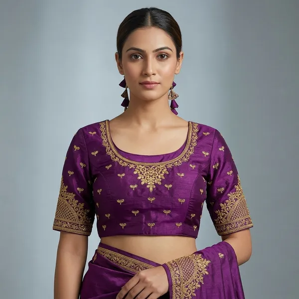 Purple_Silk_Padded_Embroidered_Round_Neck_Blouse_For_Women