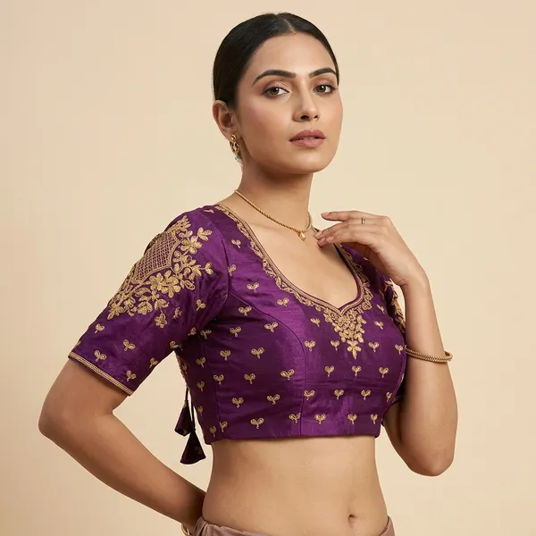 Purple_Silk_Padded_Embroidered_Round_Neck_Blouse_For_Women