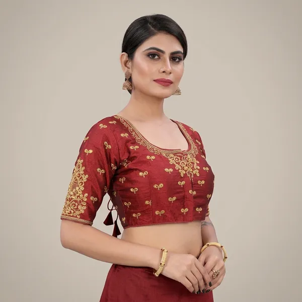 Red_Silk_Short_Sleeve_Embroidered_Round_Neck_Blouse_For_Women