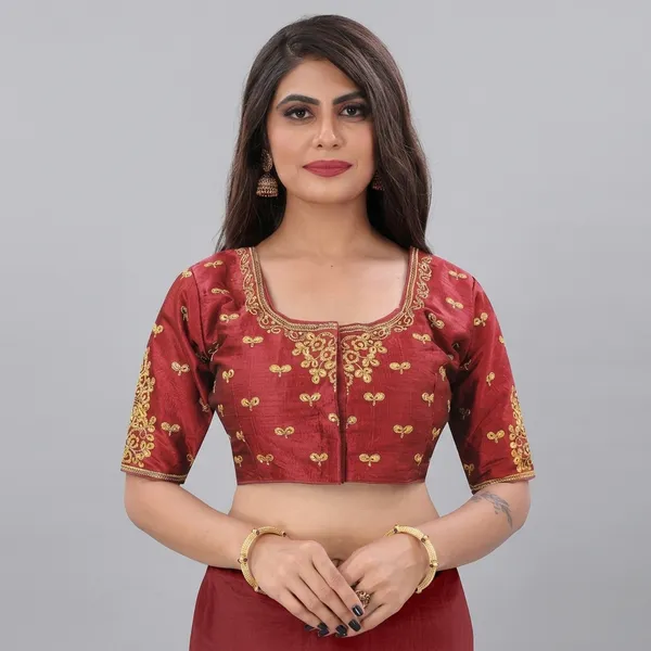 Red_Silk_Short_Sleeve_Embroidered_Round_Neck_Blouse_For_Women