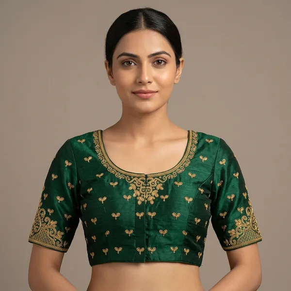 Green_Silk_Padded_Round_Neck_Blouse_For_Women