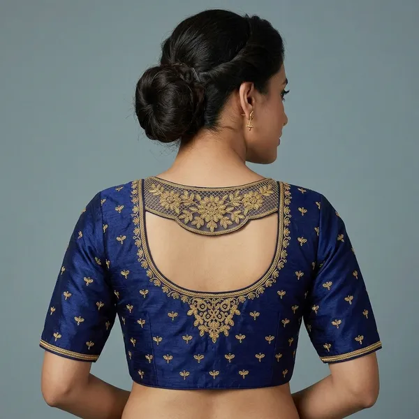 Navy_Blue_Silk_Padded_Round_Neck_Blouse_For_Women