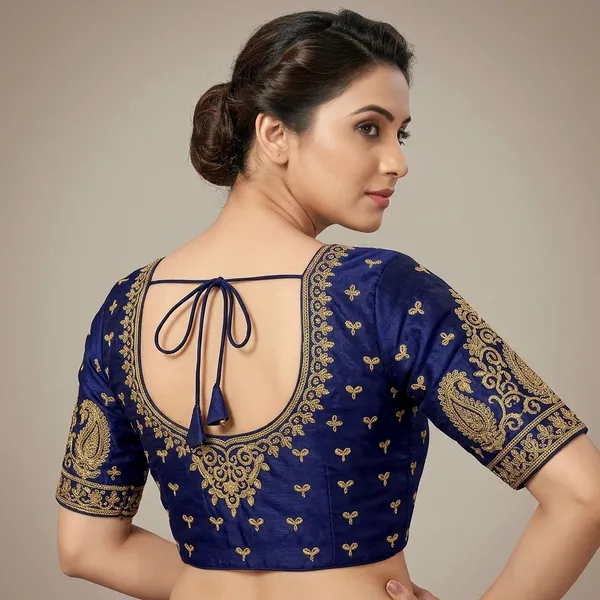 Navy_Blue_Silk_Padded_Round_Neck_Blouse_For_Women
