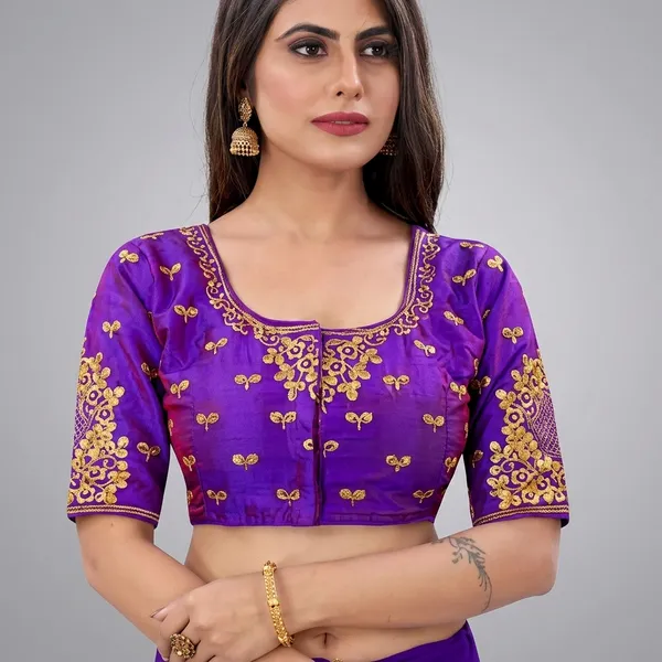 Purple_Silk_Padded_Round_Neck_Blouse_For_Women