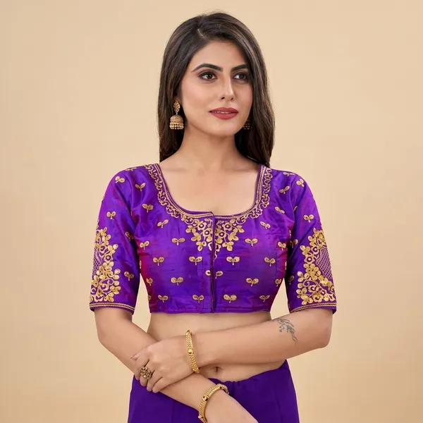 Purple_Silk_Padded_Round_Neck_Blouse_For_Women