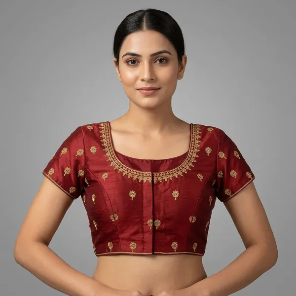 Maroon_Silk_Padded_Front_Open_Blouse_For_Women