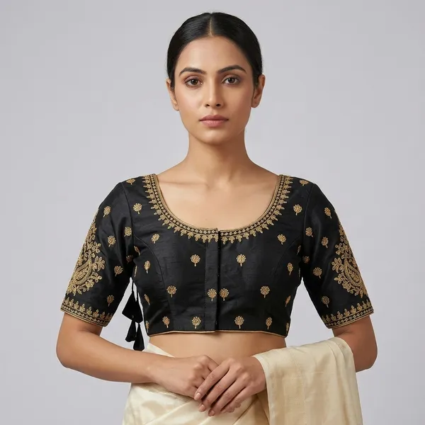 Black_Silk_Padded_Front_Open_Blouse_For_Women