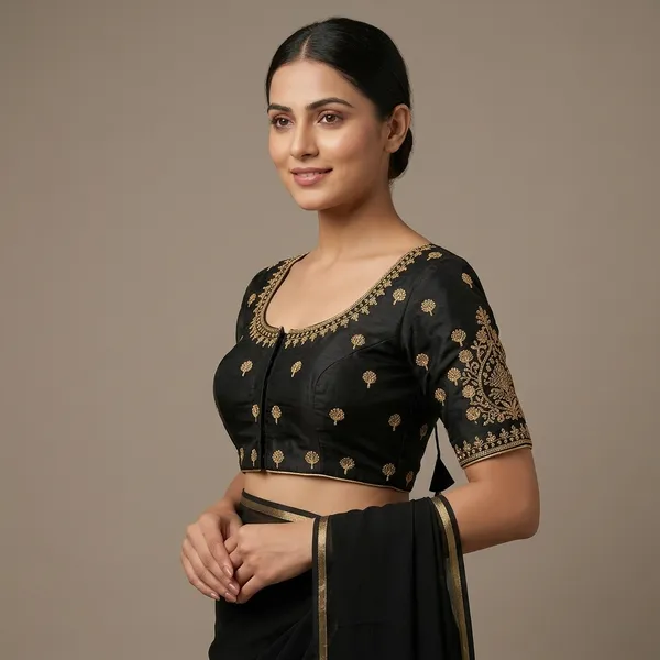 Black_Silk_Padded_Front_Open_Blouse_For_Women