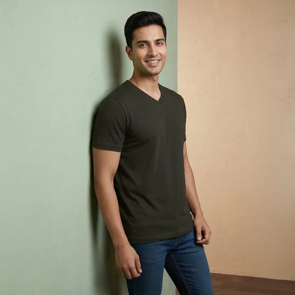 Olive_Cotton_Fine_Lycra_V-Neck_T-Shirt_For_Men_(200_GSM)