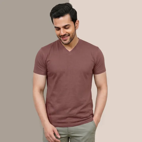 Coffee_Cotton_Fine_Lycra_V-Neck_T-Shirt_For_Men_(200_GSM)