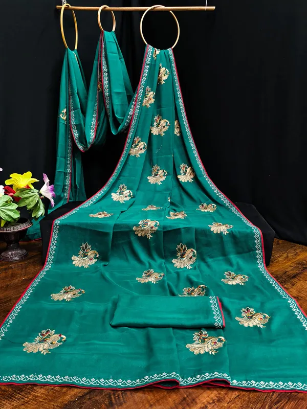 Teal_Georgette_Embroidered_Peacock_Motif_Saree_For_Women