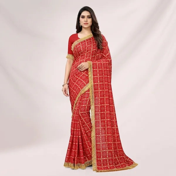 Red_Chiffon_Bandhani_Printed_Golden_Border_Saree_For_Women