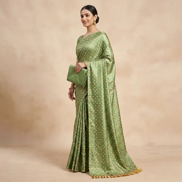 Green_Chiffon_Bandhani_Printed_Saree_For_Women