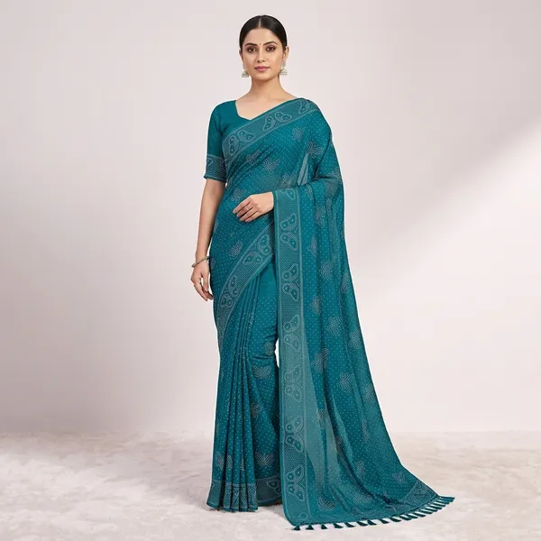 Teal_Blue_Chiffon_Bandhani_Print_Saree_For_Women