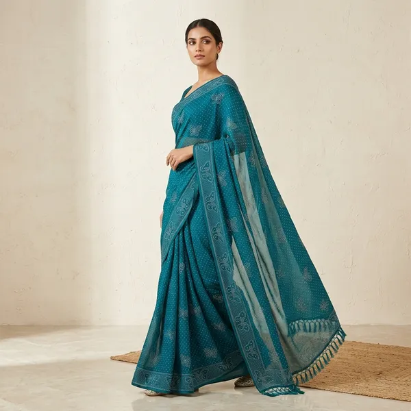 Teal_Blue_Chiffon_Bandhani_Print_Saree_For_Women