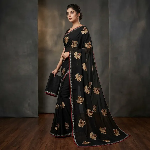 Black_Georgette_Embroidered_Golden_Floral_Motif_Saree_For_Women