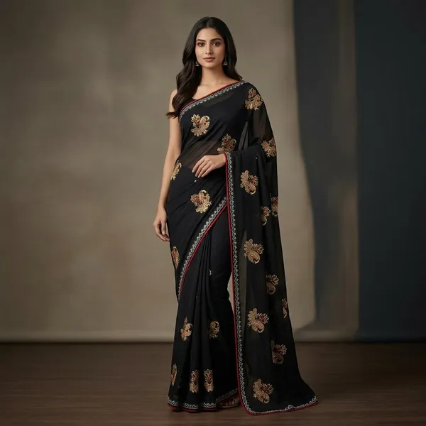 Black_Georgette_Embroidered_Golden_Floral_Motif_Saree_For_Women