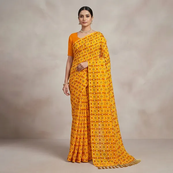 Yellow_Chiffon_Bandhani_Print_Saree_For_Women