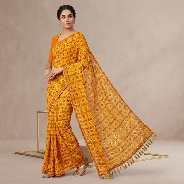 Yellow_Chiffon_Bandhani_Print_Saree_For_Women