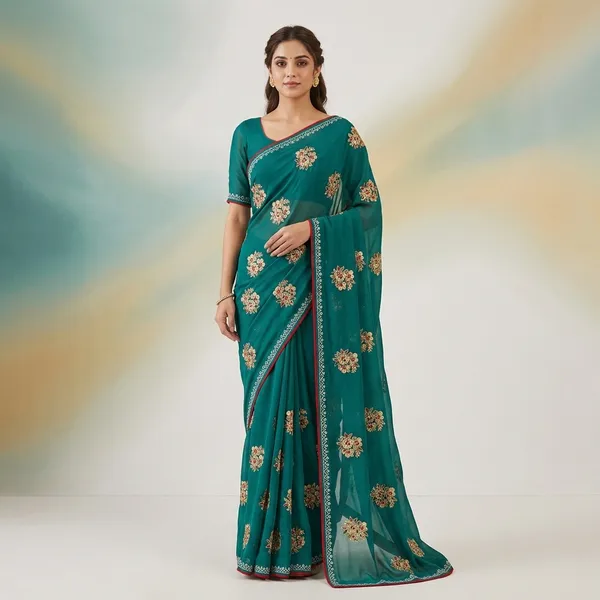 Teal_Georgette_Gota_Patti_Embroidered_Saree_For_Women