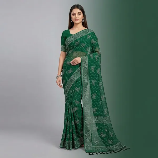Green_Chiffon_Bandhani_Print_Zari_Border_Saree_For_Women