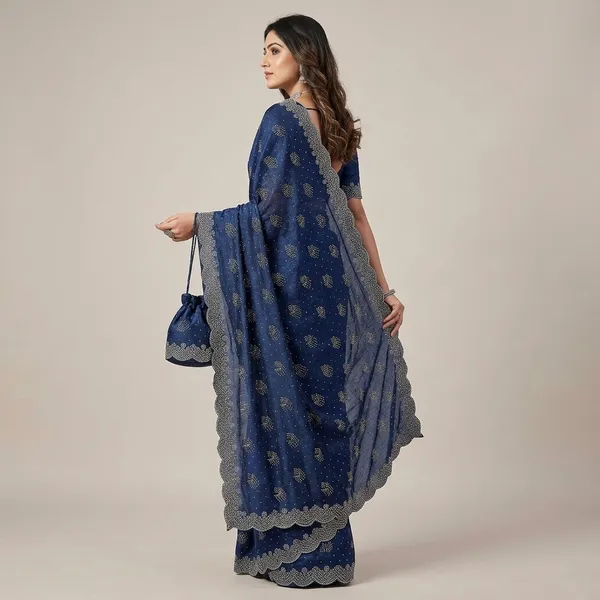 Navy_Blue_Chiffon_Jacquard_Silver_Lace_Border_Saree_For_Women