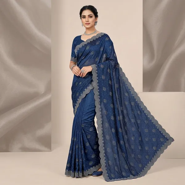 Navy_Blue_Chiffon_Jacquard_Silver_Lace_Border_Saree_For_Women