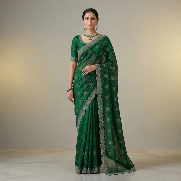 Green_Chiffon_Sequin_Embellished_Banarasi_Saree_For_Women