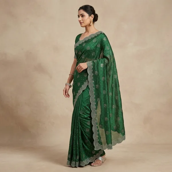 Green_Chiffon_Sequin_Embellished_Banarasi_Saree_For_Women