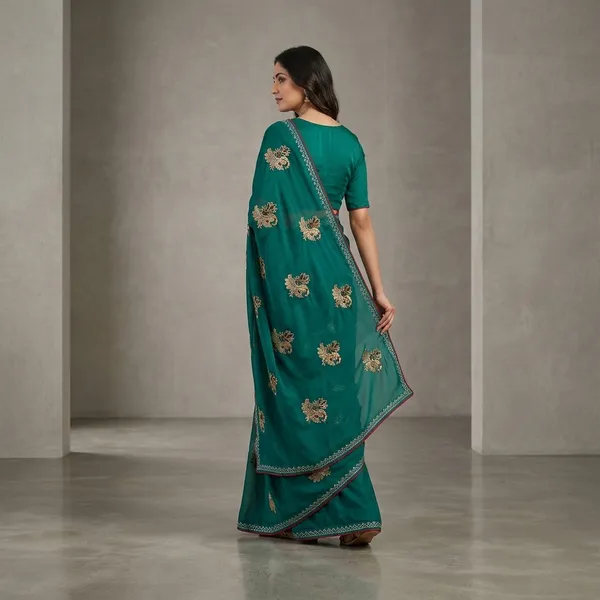 Teal_Georgette_Embroidered_Peacock_Motif_Saree_For_Women