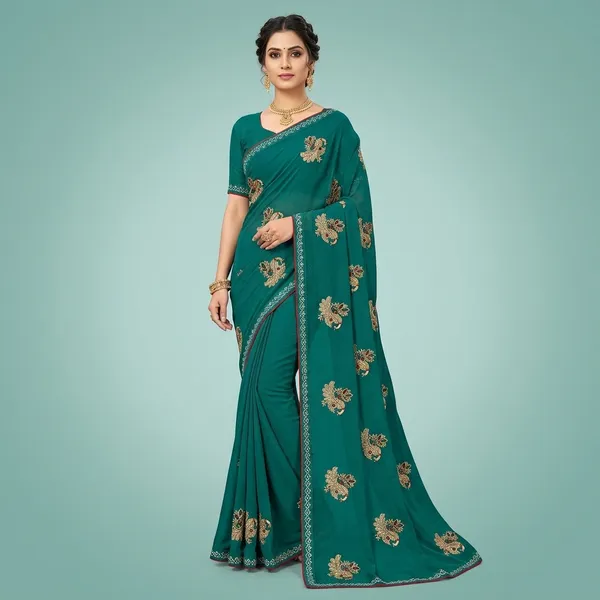 Teal_Georgette_Embroidered_Peacock_Motif_Saree_For_Women