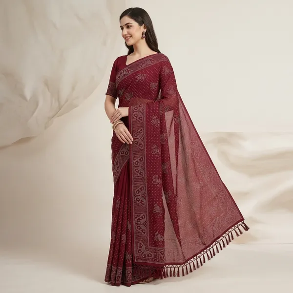 Maroon_Chiffon_Bandhani_Print_Saree_For_Women