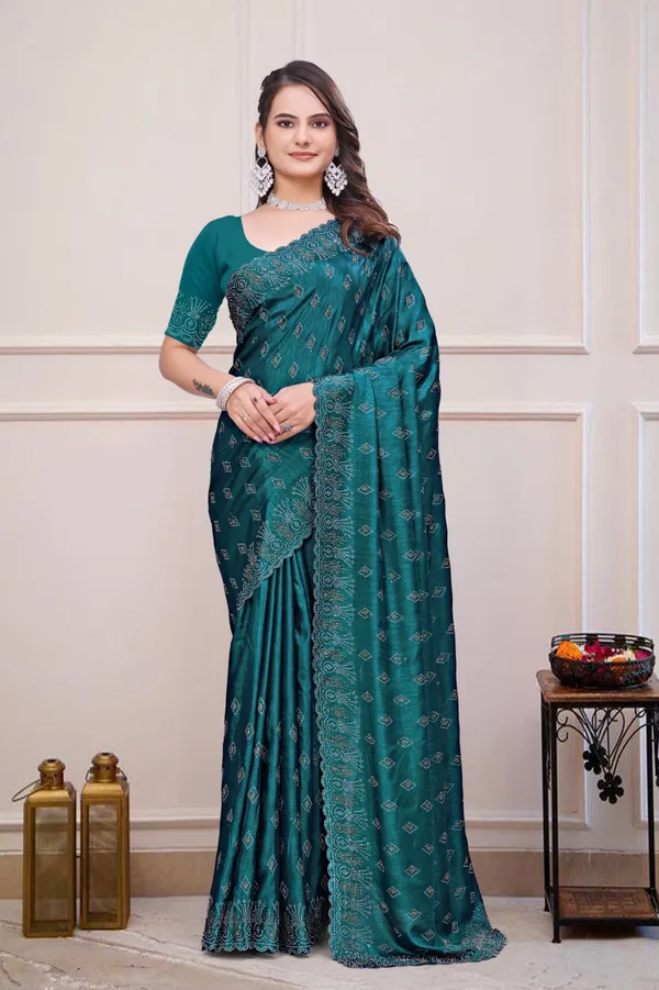 Teal_Chiffon_Embellished_Saree_For_Women
