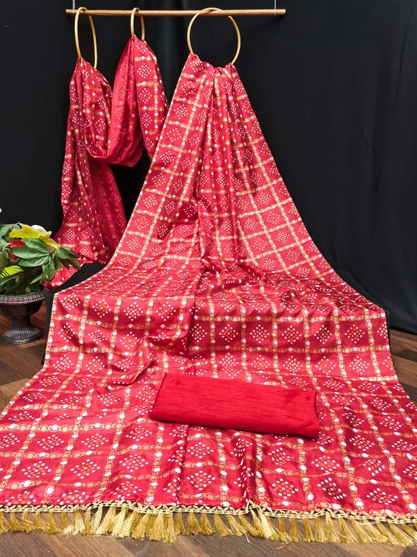 Red_Chiffon_Bandhani_Printed_Golden_Border_Saree_For_Women