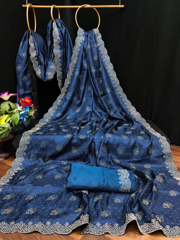 Navy_Blue_Chiffon_Jacquard_Silver_Lace_Border_Saree_For_Women